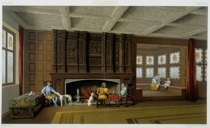 17世紀に建てられた家にいるイギリスの領主とその家族。クロモリトグラフ版-Racinetの「Le costume historique」の中で