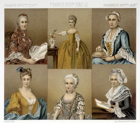 18世紀のフランスのフェミニン・ファッション。ラシネの「Le costume historique」に掲載されたイラスト
