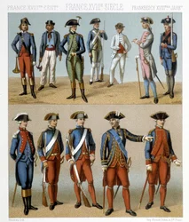 18世紀のフランス軍の衣装。ラシネの「Le costume historique」に掲載されたイラスト