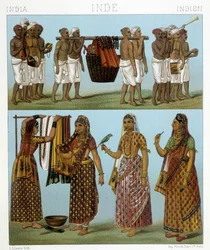 インドでの葬儀（写真上）と洗濯（写真下）の様子。ラシネの「Le costume historique」に掲載されたイラスト