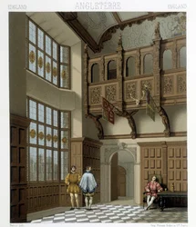 18世紀のイギリスの大邸宅の内部。ラシネの「Le costume historique」に掲載されているイラスト