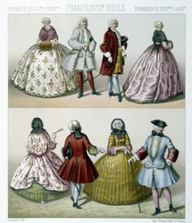 18世紀にフランスで流行した衣装を着た男女。Racinetによる「Le costume historique」のイラスト