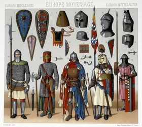 13世紀から15世紀のフランスの軍装と兜。Racinetによる「Le costume historique」のイラスト
