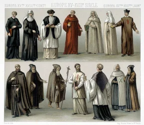 15世紀から18世紀のヨーロッパにおける修道院の衣装。ラシネの「Le costume historique」に掲載されたイラスト