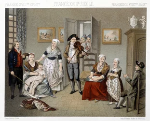音楽家が家の中で家族のために演奏しているところ。ラシネの「Le costume historique」に掲載されたイラスト