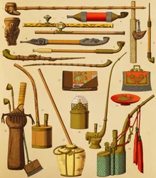 パイプと喫煙者が使用していた物、シュミットのリトグラフ（Auguste Racinet（1825-1893）の『The Complete Costume History』第1巻より）、パリ
