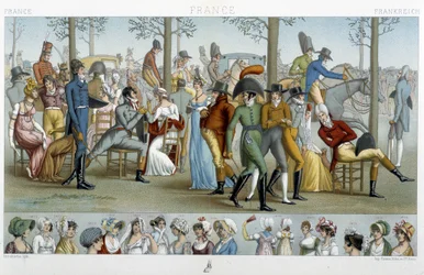 ロンシャンに向かうブルジョワたち。19世紀、ラシーネの「Le costume historique」に掲載されている。