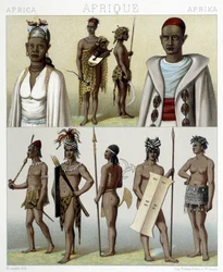 ティンブクトゥと上ナイルの伝統的な衣装とジュエリー。Racinetによる「Le costume historique」のイラスト