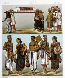 インドに住むイスラム教徒（写真上）とヒンドゥー教徒（写真下）の伝統的なコスチューム。ラシネの「Le costume historique」に掲載されているイラスト
