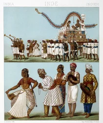 インドの交通、音楽、ダンス、民族衣装。ラシネの「Le costume historique」に掲載されたイラスト