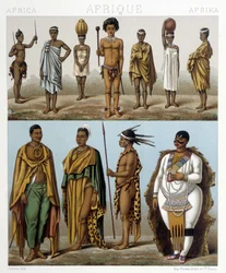 南部アフリカのさまざまな男性。ラシネの「Le costume historique」に掲載されたイラスト