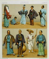 着物を含む様々な日本の伝統的な男性の衣装。クロモリトグラフ版 - ラシネの「Le costume historique」にて