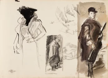 スケッチ、ディエゴ・ベラスケスに倣った狩衣姿のメニッポスとオーストリア枢機卿フェルディナント、オペラ歌手アイノ・アクテの肖像のスケッチ。