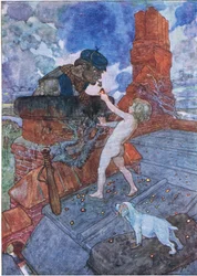 Ele pegou uma brasa e colocou na torta Grimes, do pub The Water Babies. por Humphrey Milford Oxford University Press, c.1930 (lito colorido)