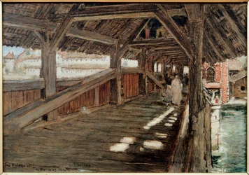 ルツェルンの死者の踊りの橋（Spreuerbrucke）。アルベルト・グッドウィン（1845-1932）の絵画。キャンバスに油彩。個人蔵。