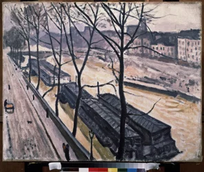 ""Paris en hiver, quai Bourbon"" (冬のパリ。Quai Bourbon) セーヌ川のほとりのはしけ。 ピエール アルバート マルケ (1875-1947) による絵画 1907 キャンバスに油彩。 フォービズム。 モスクワ。 プーシキン美術館