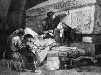 クロデベール（またはクロデベールは580年に死去）の最後の瞬間。"フレデゴンドとチルペリック1世は、聖メダールの墓の近くに横たわる担架に息子を乗せたが、病人は苦悶の表情を浮かべた..."アルベール・メイニャン（1845-1908）による絵画の後のエングレーヴィング。E