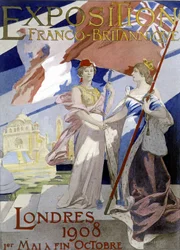 フランスとイギリスの象徴である二人の女性が握手をしている。1908年にロンドンで開催された英仏博覧会のためのアルベール・メイニャンによるポスター（1908年）。