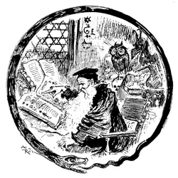 フクロウと悪魔に見守られながら魔導書（魔術的 - カバラ的な呪文）を調べる錬金術師 - 絵の枠は自らの尾をかむ蛇によって形作られている - 文字オーを形作る装飾頭文字 - アルベール・ロビダ（1848-1926）による章エイチのための挿絵