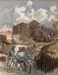 メジエールの包囲戦でのバヤール、「Francois Ier:George G. Toudouze著「Le Roi Chevalier」（1909年出版）のイラスト。1909年（カラーリトグラフ）。