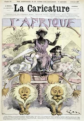 アフリカの植民地主義に関する漫画「アフリカの植民地主義的な新商品の大発見、あなたの選択をしてください。大陸全体を共有し、素晴らしい機会、コンゴの断片、ギニアの断片」by Robida - 1887年5月2日の「La Caricature」に掲載。