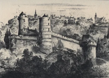 Chateau de Fougeres - イル＝エ＝ヴィレーヌ県の城砦。アルベール・ロビダ(1848-1926)による古いフランス-ブルターニュ-テキスト、図面、リトグラフ 19世紀末未発表