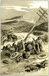 アルベール・ロビダ（1848-1926）がレオン・ベルソーの著書『Le record du tour du monde』のために描いたイラスト。車が電信柱に衝突し、乗客が怪我を負った。