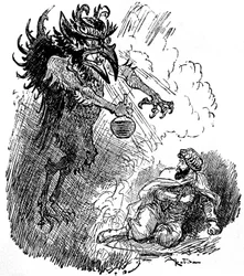 アルベール・ロビダ（1848-1926）によるアラブの伝説（1001夜）（千夜一夜物語）の挿絵：恐ろしい悪魔（邪悪な精霊）が男にワインの瓶を贈る。1926年、アルマン・コラン著 "Choix de lectures "のエングレーヴィング。