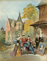 フランソワ1世（1494-1547）が、1516年から1519年の間にアンボワーズ王城近くでレオナルド・ダ・ヴィンチ（1452-1519）からモナ・リザを購入する。挿絵