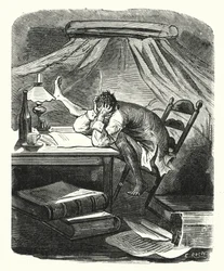 テーブルで読書する男（エングレーヴィング）