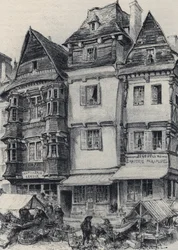 アルベール・ロビダ(1848-1926)による「ランニョンのマルシェ広場-古いフランス-ブルターニュ」のテキスト、ドローイング、リトグラフ 19世紀末 未発表