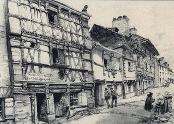 Rue Fardel a Saint Brieuc (Saint-Bryuc) - Old France - Brittany - Albert Robida (1848-1926) によるテキスト、ドローイング、リトグラフ 19世紀末未発表