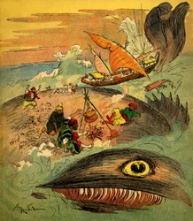 船乗りシンドバッド（シンドバッド）-千夜一夜物語（1001）-彼の冒険を語る1948年の本（フォルタン版、子供の頃の素晴らしいイメージコレクション）-イラスト：アルベール・ロビダ（1848 - 1926）：シンドバッドとその仲間たちは失敗した。