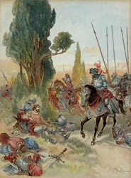第6次イタリア戦争（1521-1526）。ピエール・テライユ・ド・バヤール（1476-1524）の死、1524年にレベック（イタリア）でアーキュバスの攻撃を受けて負傷し、ブルボン家からのコネチカットであるシャルル・ド・モンペンシエ（1490-1527）が対峙。イラスト