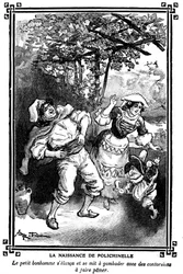 ポリシネルの誕生。アルベール・ロビダ（1848-1926）が1920-1930年の子供向け朗読集に描いた絵。