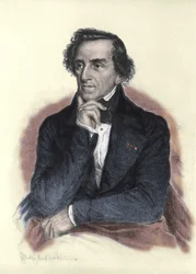 ドイツの作曲家、ジャコモ・マイヤーベーア（1791-1864）の肖像。アルバート・ローゼンタールによるドローイング
