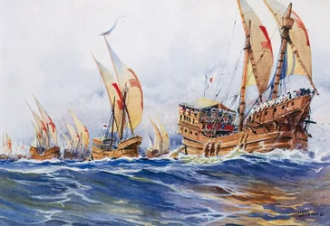 1268年、第8回十字軍遠征中のルイ9世のフランス船、アルベール・セビーユ（1874-1953）の水彩画