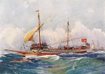 帆に風を受けるマルタのガレー船（17世紀）、アルベール・セビーユ（1874-1953）の水彩画。