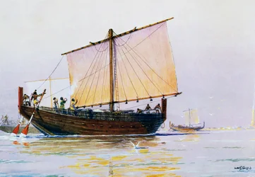 ファロスに到着したフェニキア商船、アルバート・セビーユ（1874-1953）の水彩画、20世紀