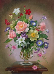 ガラスの花瓶のバラ、シャクヤク、フリージア