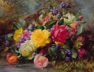 緑豊かな銀行の池のそばのバラ