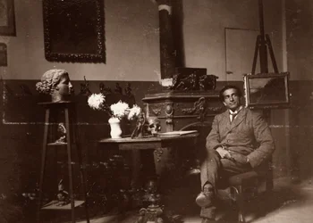 彫刻家Mario Pelagattiのアトリエにて（フィレンツェ、1920年11月20日）（モノクロ写真