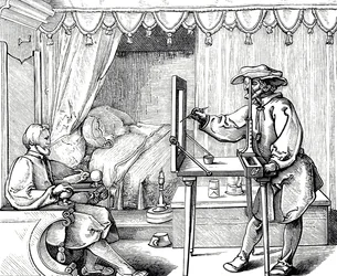 肖像画のプロポーションを整えるために画材を使う画家を描いた木版画。アルブレヒト・デューラー（1471-1528）によるもので、ルネッサンス期のドイツ人画家、版画家、理論家。