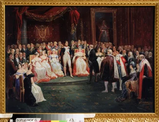 「皇帝ナポレオン・ボナパルト (1769-1821) によるレセプション」: ナポレオンの前に立つジョルジュ・キュヴィエ (1769-1832) は、1803 年 11 月 26 日にレジオン オブ オナーの騎士になりました。部屋、私たちは注意することができます：Madame de Stael