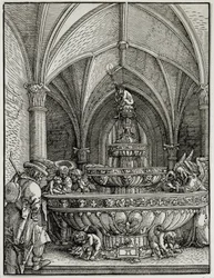 聖家族は泉を持っています。ドイツ人アルブレヒト・アルトドルファー（1480-1538）によるエングレーヴィング。ルーヴル美術館