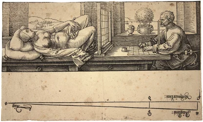 透視図法装置で裸体を描く画家、1538年