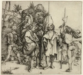 5人のランツクネヒテと馬に乗った東洋人