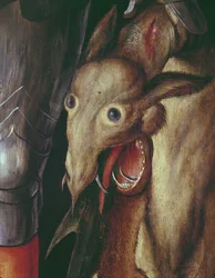 パウムガルトナーの祭壇画：聖ジョージによって倒されたドラゴンの頭を描いた左手翼の詳細、495745のパネルの詳細に1500テンペラ