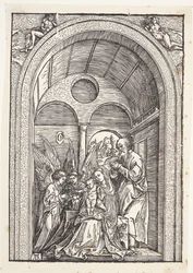 アーチ型のホールに 2 人の天使がいる聖家族