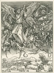 ドラゴンと戦う大天使ミカエル。聖ヨハネの黙示録 1498年頃（木版画）